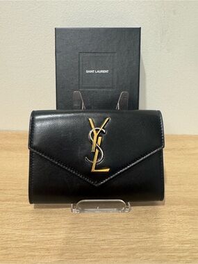 Saint Laurent Black Leather Envelope Wallet with Gold and Silver YSL Monogram